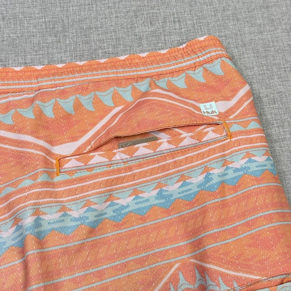 Huk Swim Trunks Shorts Mens‎ 2XL (44) Orange Geometric Mesh Lined Drawstring